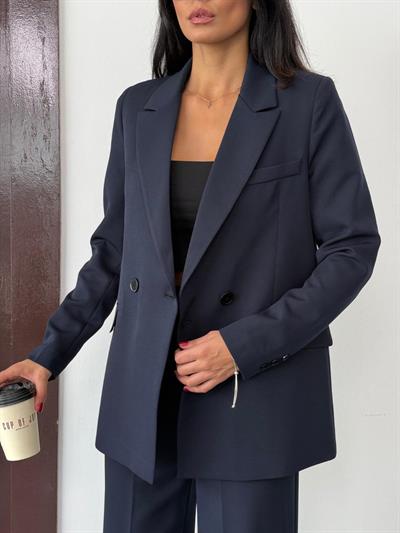 Lacivert Kadın Polly Viscon Takım – 1. Sınıf Kumaş Blazer Ceket & Palazzo Pantolon İkili Takım