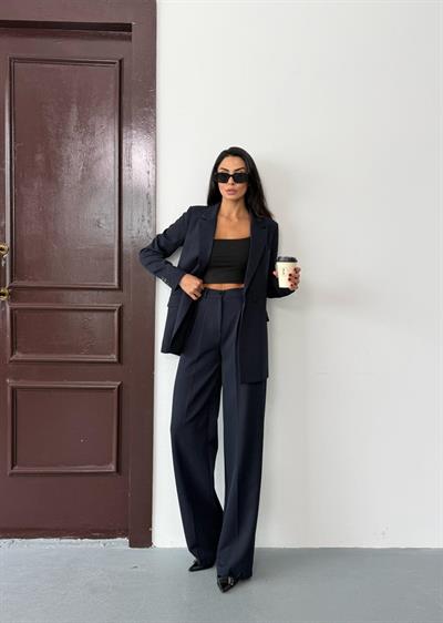Lacivert Kadın Polly Viscon Takım – 1. Sınıf Kumaş Blazer Ceket & Palazzo Pantolon İkili Takım
