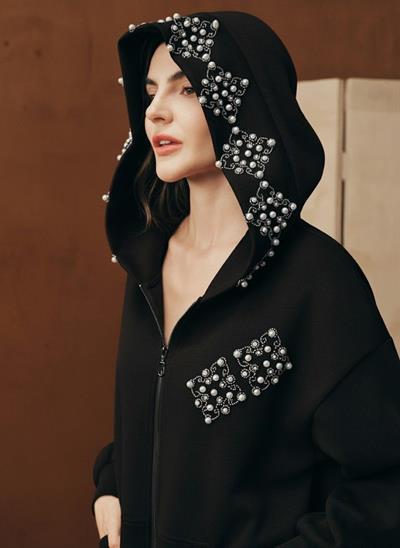 Lüks İnci Detaylı Taş Dizimli Kapüşonlu Siyah Eşofman Takımı | Fermuarlı Sweatshirt &  Pantolon Takım