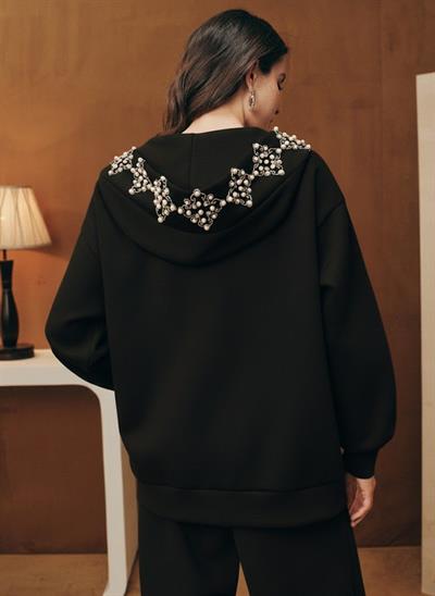 Lüks İnci Detaylı Taş Dizimli Kapüşonlu Siyah Eşofman Takımı | Fermuarlı Sweatshirt &  Pantolon Takım