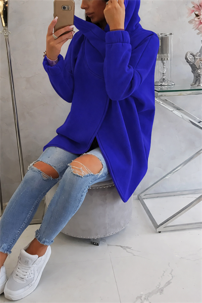 Mavi Kadın Asimetrik Fermuarlı Oversize Kapüşonlu Sweatshirt – Kalın Kumaş – Rahat Günlük Tarz