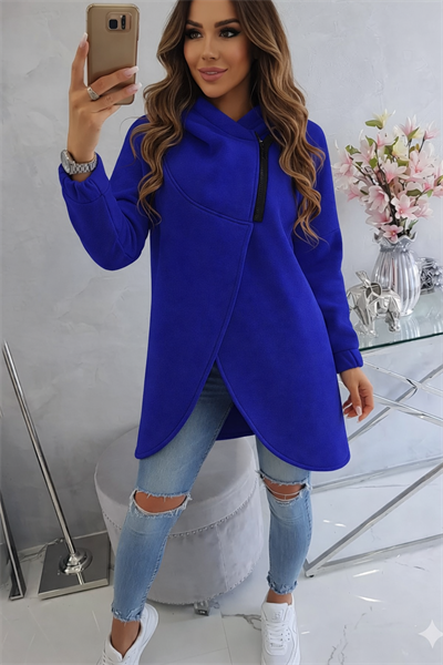 Mavi Kadın Asimetrik Fermuarlı Oversize Kapüşonlu Sweatshirt – Kalın Kumaş – Rahat Günlük Tarz