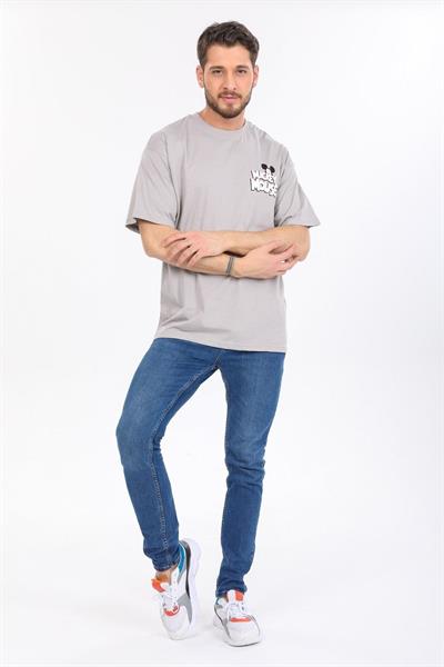 Oversize Mickey Mouse Logolu Gri T-shirt