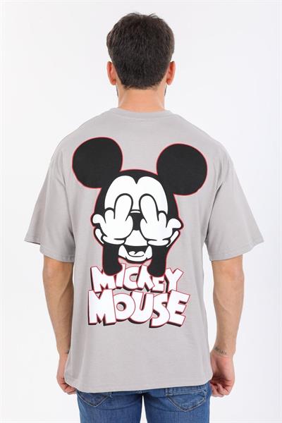 Oversize Mickey Mouse Logolu Gri T-shirt