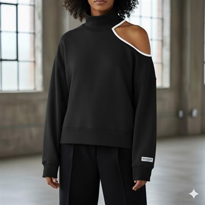 Modern Açık Omuz (Tek Omuz) Balıkçı Yaka Kadın Sweatshirt - Siyah Rengi