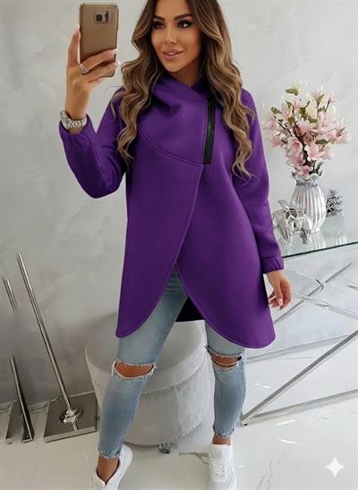 Mor Kadın Asimetrik Fermuarlı Oversize Kapüşonlu Sweatshirt – Kalın Kumaş – Rahat Günlük Tarz