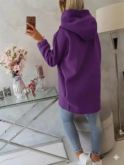 Mor Kadın Asimetrik Fermuarlı Oversize Kapüşonlu Sweatshirt – Kalın Kumaş – Rahat Günlük Tarz