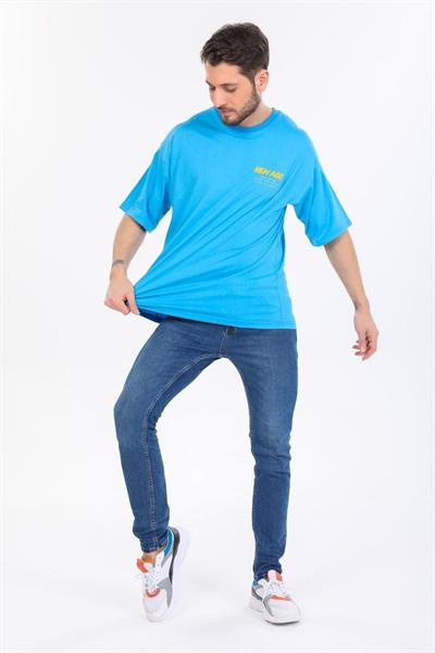 Oversize New Age Yazılı Mavi T-shirt