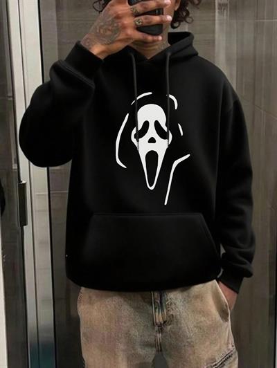 Oversize Geniş Kesim Uzun Kollu Kapüşonlu Sweatshirt – Siyah Hoodie Ghost Mask Baskılı