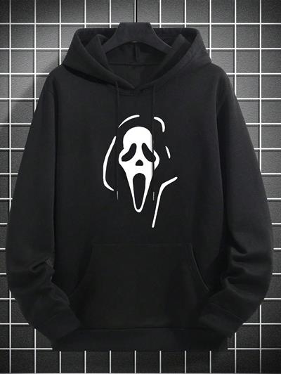 Oversize Geniş Kesim Uzun Kollu Kapüşonlu Sweatshirt – Siyah Hoodie Ghost Mask Baskılı