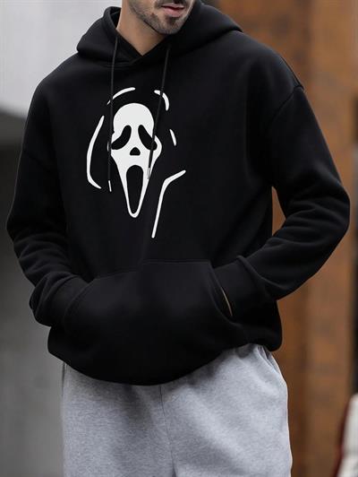 Oversize Geniş Kesim Uzun Kollu Kapüşonlu Sweatshirt – Siyah Hoodie Ghost Mask Baskılı