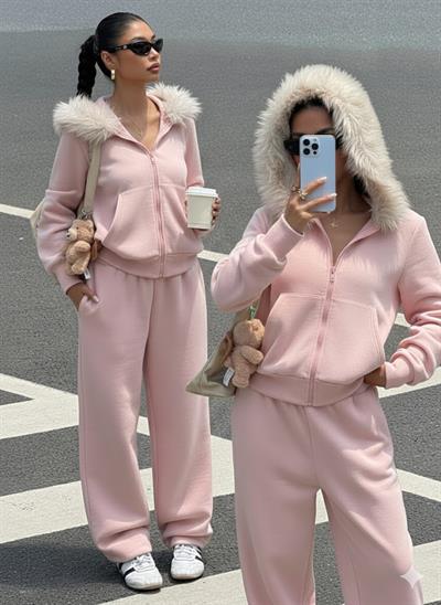 Pembe Fermuarlı Kapüşonlu Sweatshirt Eşfoman Takımı – Kürklü Kapüşon, Cepli, Rahat Kalıp