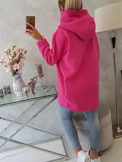 Pembe Kadın 3 İplik Şardonlu Kapüşonlu Ceket – Asimetrik Fermuarlı Oversize 