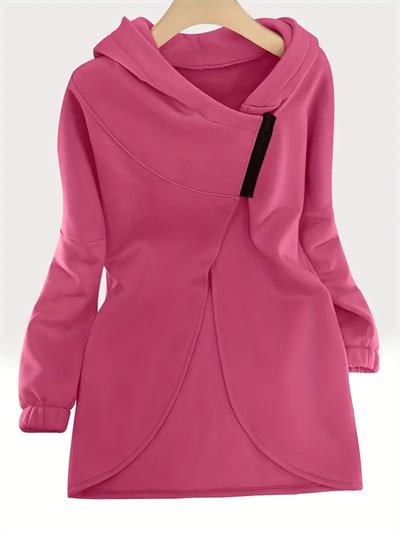 Pembe Kadın 3 İplik Şardonlu Kapüşonlu Ceket – Asimetrik Fermuarlı Oversize 