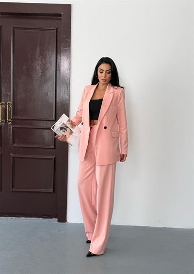 Pembe Kadın Polly Viscon Takım – 1. Sınıf Kumaş Blazer Ceket & Palazzo Pantolon İkili Takım