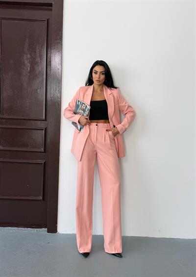 Pembe Kadın Polly Viscon Takım – 1. Sınıf Kumaş Blazer Ceket & Palazzo Pantolon İkili Takım