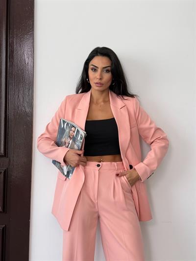 Pembe Kadın Polly Viscon Takım – 1. Sınıf Kumaş Blazer Ceket & Palazzo Pantolon İkili Takım