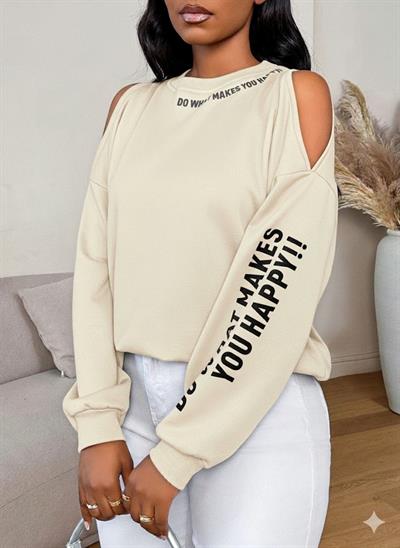 Premium 3 İplik Kumaş Ekru Sweatshirt | Oversize Rahat Kalıp | Siyah Minimal Baskılı