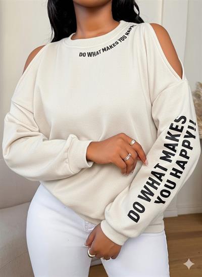 Premium 3 İplik Kumaş Ekru Sweatshirt | Oversize Rahat Kalıp | Siyah Minimal Baskılı