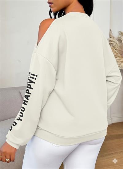 Premium 3 İplik Kumaş Ekru Sweatshirt | Oversize Rahat Kalıp | Siyah Minimal Baskılı