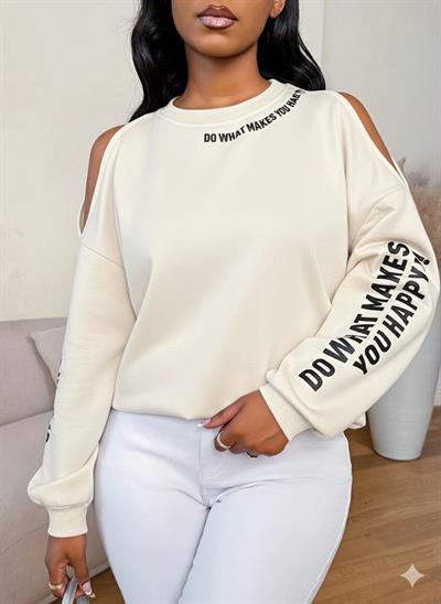 Premium 3 İplik Kumaş Ekru Sweatshirt | Oversize Rahat Kalıp | Siyah Minimal Baskılı