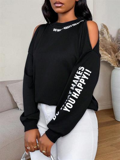Premium 3 İplik Kumaş Siyah Sweatshirt | Oversize Rahat Kalıp | Siyah Minimal Baskılı