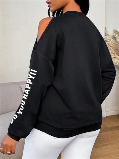 Premium 3 İplik Kumaş Siyah Sweatshirt | Oversize Rahat Kalıp | Siyah Minimal Baskılı