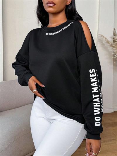 Premium 3 İplik Kumaş Siyah Sweatshirt | Oversize Rahat Kalıp | Siyah Minimal Baskılı