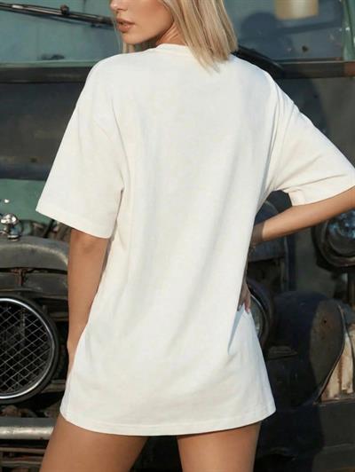 Premium Kalite Beyaz Geniş Kesim Oversize T-Shirt - Düşük Omuzlu Pamuklu Bol Tişört 
