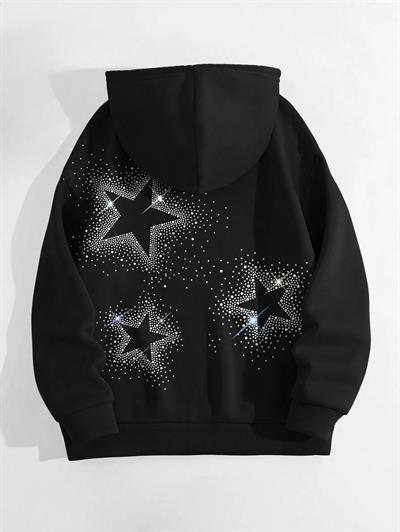 Premium Kalite | Şardonlu İçi Yumuşak %100 Pamuk Kapüşonlu | Taş Dizimli Unisex Siyah Oversize Hoodie Sweatshirt