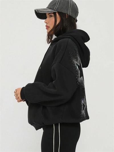 Premium Kalite | Şardonlu İçi Yumuşak %100 Pamuk Kapüşonlu | Taş Dizimli Unisex Siyah Oversize Hoodie Sweatshirt