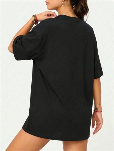 Premium Kalite Siyah Geniş Kesim Oversize T-Shirt - Düşük Omuzlu Pamuklu Bol Tişört 