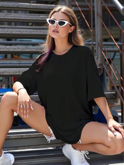 Premium Kalite Siyah Geniş Kesim Oversize T-Shirt - Düşük Omuzlu Pamuklu Bol Tişört 
