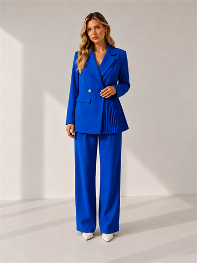 Saks Mavi Kadın Plise Detaylı Blazer Ceket Pantolon Takım – Şık Ofis ve Davet Kombini
