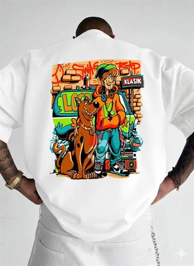 Scooby-Doo & Shaggy Graffiti Baskılı Oversize T-shirt - %100 Pamuk Süprem - Beyaz Streetwear Tişört