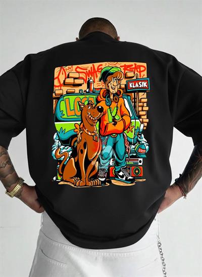Scooby-Doo & Shaggy Graffiti Baskılı Oversize T-shirt - %100 Pamuk Süprem - Siyah Streetwear Tişört