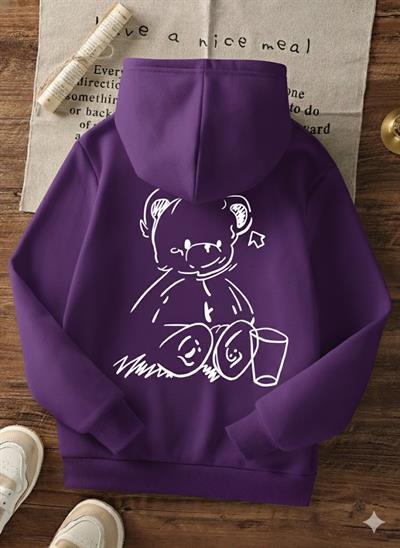Sevimli Ayıcık Figürlü Rahat Kalıp Çocuk Mor Sweatshirt