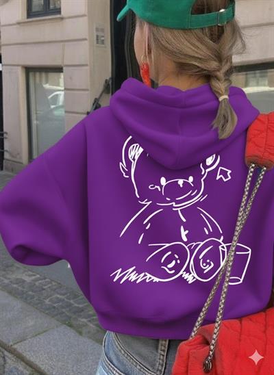 Sevimli Ayıcık Figürlü Rahat Kalıp Çocuk Mor Sweatshirt