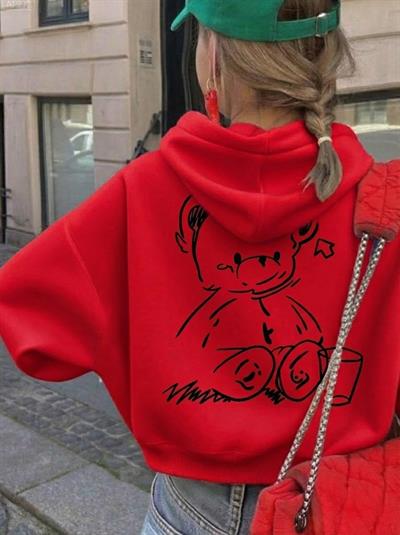 Sevimli Ayıcık Figürlü Rahat Kalıp Çocuk Kırmızı Sweatshirt