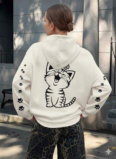 Sevimli Gülen Kedi ve Pati Baskılı Kırık Beyaz Kapüşonlu Sweatshirt