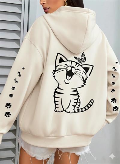 Sevimli Gülen Kedi ve Pati Baskılı Kırık Beyaz Kapüşonlu Sweatshirt