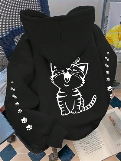 Sevimli Gülen Kedi ve Pati Baskılı Siyah Kapüşonlu Sweatshirt
