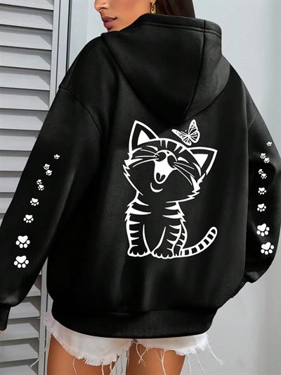Sevimli Gülen Kedi ve Pati Baskılı Siyah Kapüşonlu Sweatshirt