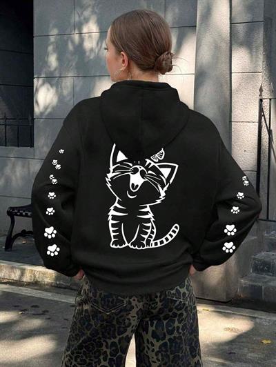 Sevimli Gülen Kedi ve Pati Baskılı Siyah Kapüşonlu Sweatshirt