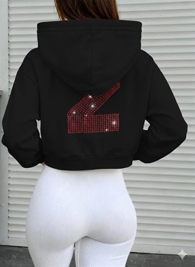 Siyah Bayan Taş Detaylı Kapüşonlu Crop Sweatshirt ve Yüksek Bel Fitilli Tayt Takım – Rahat Spor & Günlük Kombin