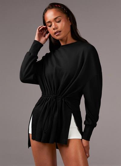 Siyah Beli Ayarlanabilir İpli Uzun Sweatshirt Tunik - Rahat Kalıp Günlük Kadın Üst