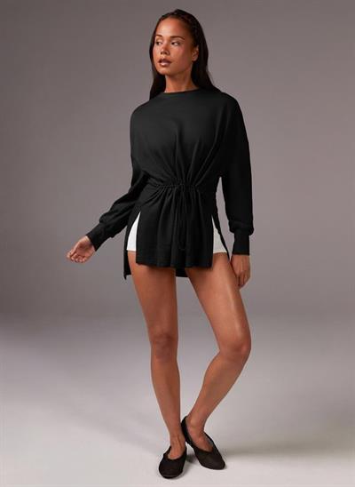 Siyah Beli Ayarlanabilir İpli Uzun Sweatshirt Tunik - Rahat Kalıp Günlük Kadın Üst