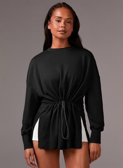 Siyah Beli Ayarlanabilir İpli Uzun Sweatshirt Tunik - Rahat Kalıp Günlük Kadın Üst