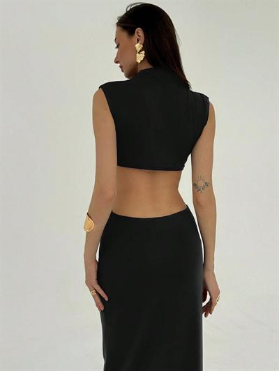 Siyah Cut-Out Detaylı Kolsuz Uzun Elbise - Gece Şıklığı ve Davet Elbisesi