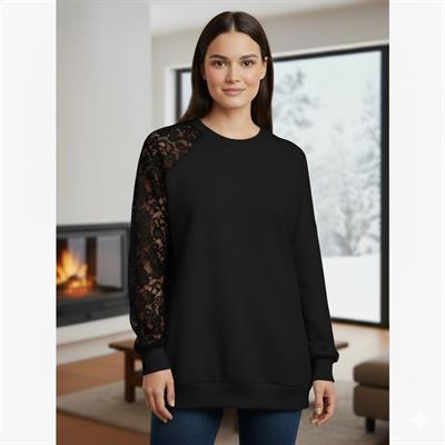 Siyah Dantel Detaylı Sweatshirt – Şık ve Rahat Günlük Kadın Üst – Yumuşak Kumaş